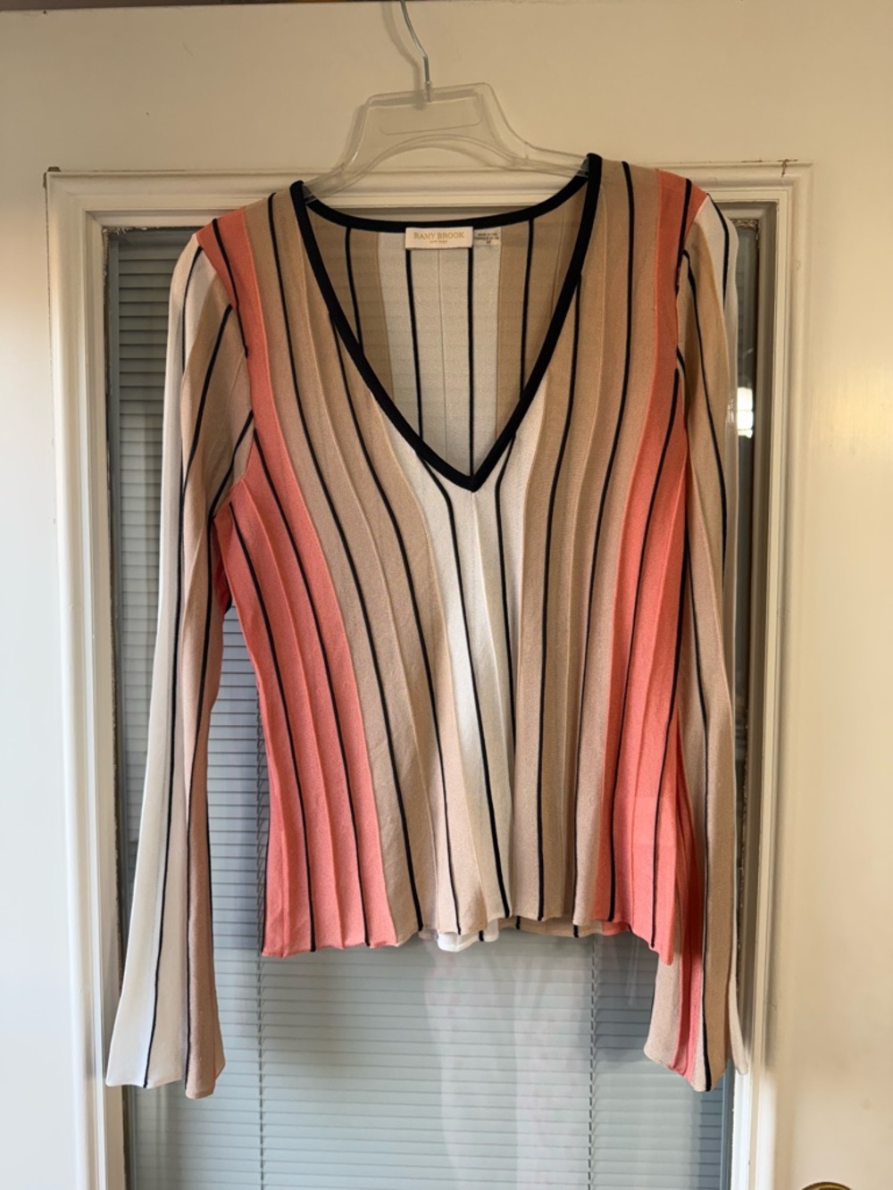 Ramy Brook Striped V-Neck Long Sleeve Top in Coral, Cream & Black